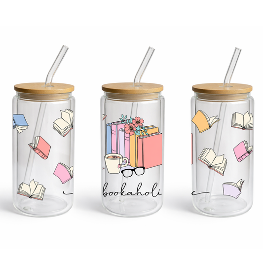 Glastumbler – Bookaholic – Bookish Identity, Doppelwandig 16oz klar mit bunten Büchern Design, buecherglanz