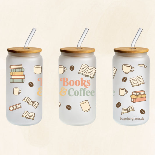 Frosted 16-oz-Glastumbler „Books & Coffee“ mit Büchern, Kaffeetassen und Kaffeebohnen, Bambusdeckel und Glasstrohhalm
