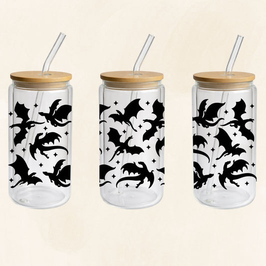 Doppelwandiger 16-oz-Glastumbler im Drachen-Design mit schwarzen Silhouetten, Bambusdeckel und Glasstrohhalm