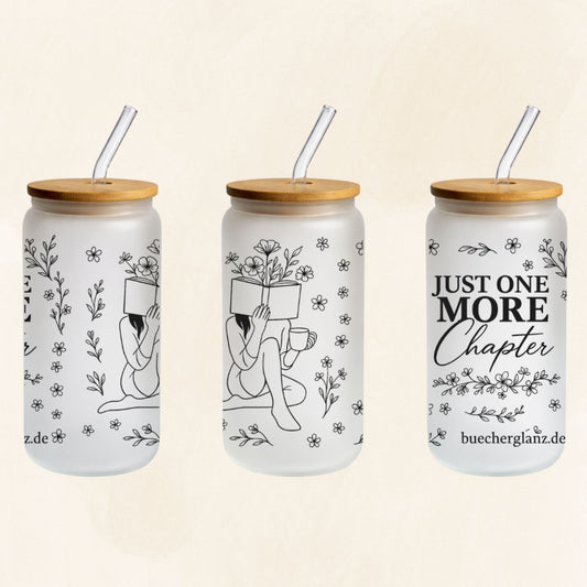 Frosted 16-oz-Glastumbler „Just One More Chapter“ mit Line-Art-Leserin, Blumen, Bambusdeckel und Glasstrohhalm