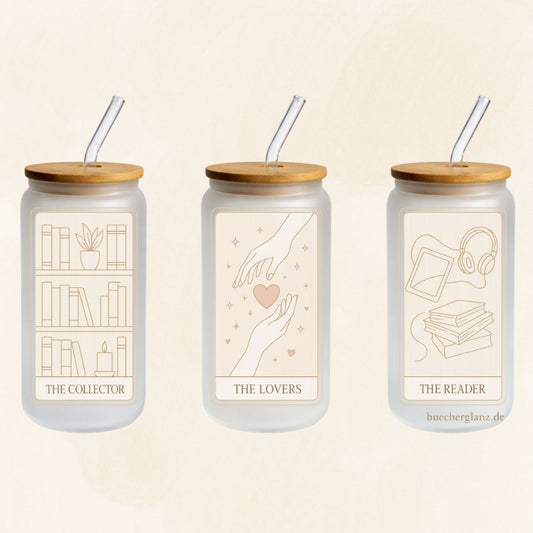 Frosted 16-oz-Glastumbler im Tarot-Design mit The Collector, The Lovers und The Reader, Bambusdeckel und Glasstrohhalm