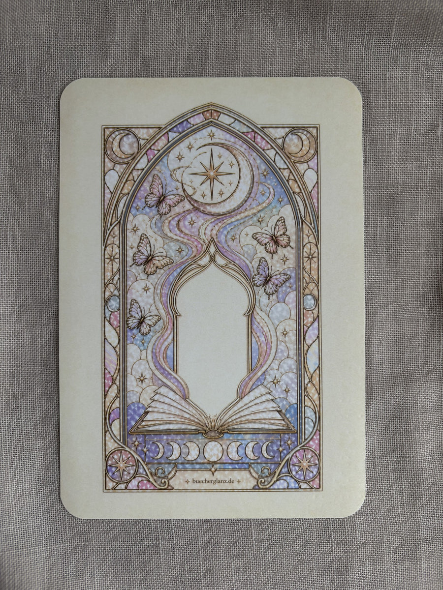 Divined Chapter e-reader insert on linen – stained glass design with book and butterflies