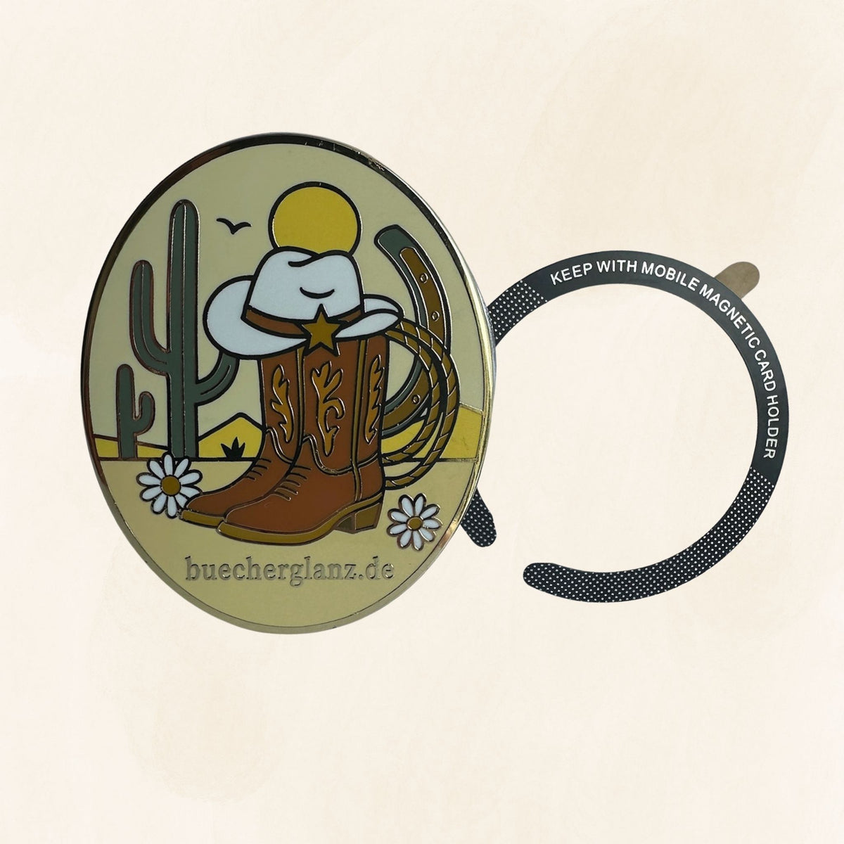 Desert Darling E-Reader Grip im Western-Design mit beiliegendem Magnetring auf hellem Hintergrund