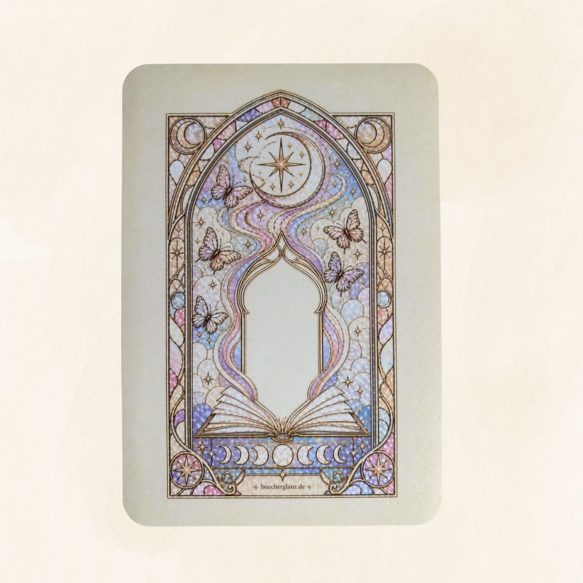 Divined Chapter E-Reader Insert auf hellem Hintergrund – Buntglasdesign mit Buch und Schmetterlingen