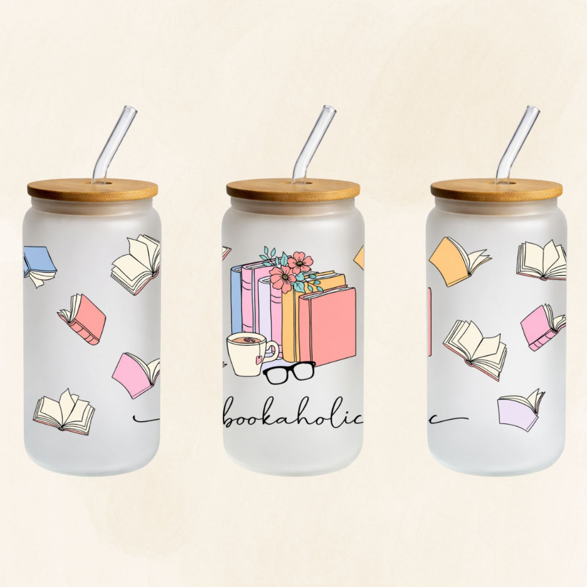 Frosted 16-oz-Glastumbler „Bookaholic“ mit bunten Büchern, Blumen, Kaffeetasse und Brille