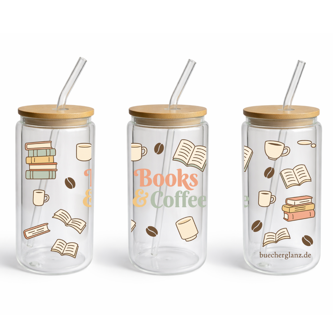 Glastumbler – Books & Coffee – Cozy Reading, Doppelwandig 16oz klar mit Books & Coffee Design, buecherglanz