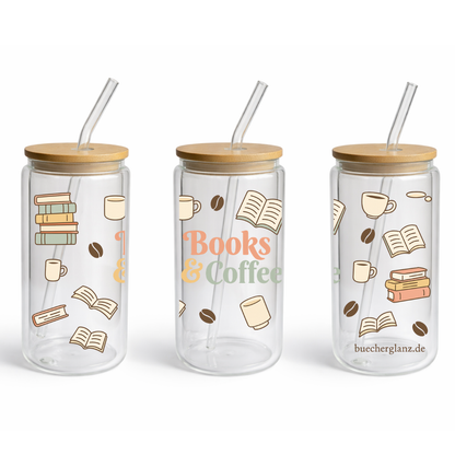 Glastumbler – Books & Coffee – Cozy Reading, Doppelwandig 16oz klar mit Books & Coffee Design, buecherglanz