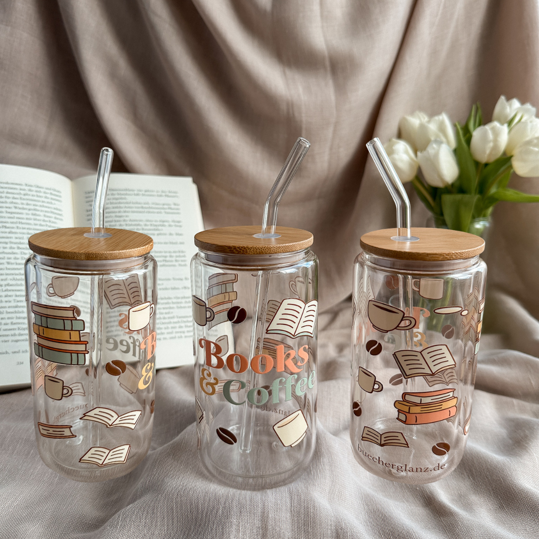 Books & Coffee Glastumbler Doppelwandig Dreier-Ansicht auf Leinen – Cozy Reading Buchliebhaber Glas