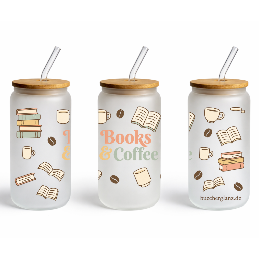 Glastumbler – Books & Coffee – Cozy Reading, Frosted 16oz mit Bücher und Kaffeebohnen Design, buecherglanz
