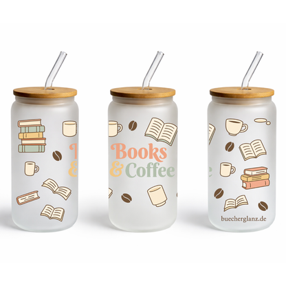 Glastumbler – Books & Coffee – Cozy Reading, Frosted 16oz mit Bücher und Kaffeebohnen Design, buecherglanz