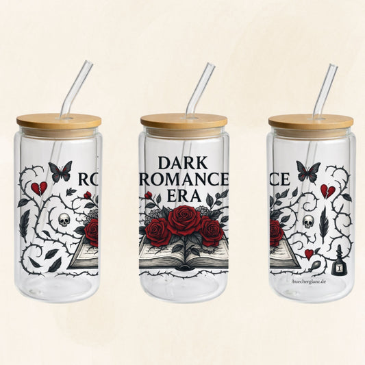 Doppelwandiger 16-oz-Glastumbler „Dark Romance Era“ mit roten Rosen, offenem Buch, Dornenranken und Gothic-Details