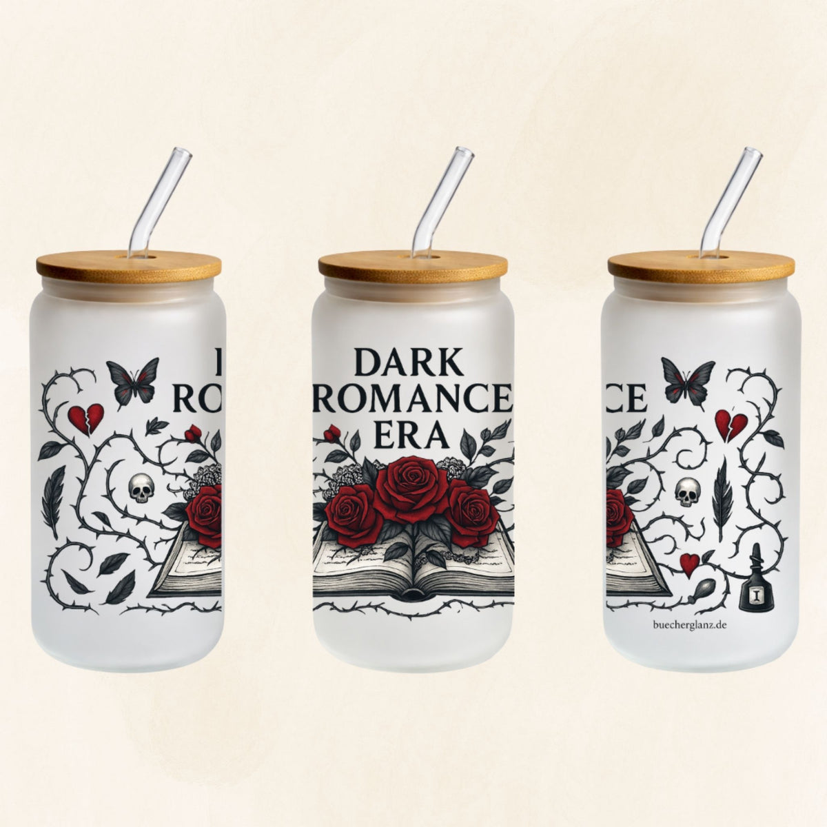 Frosted 16-oz-Glastumbler „Dark Romance Era“ mit roten Rosen, offenem Buch, Dornenranken und Gothic-Details