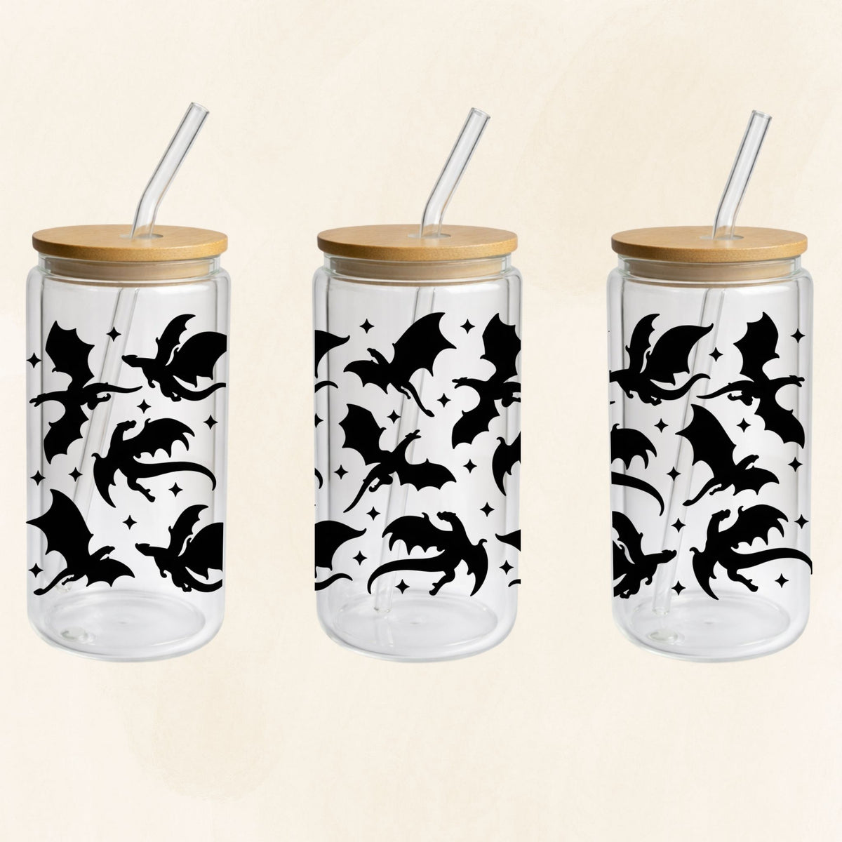 Doppelwandiger 16-oz-Glastumbler im Drachen-Design mit schwarzen Silhouetten, Bambusdeckel und Glasstrohhalm