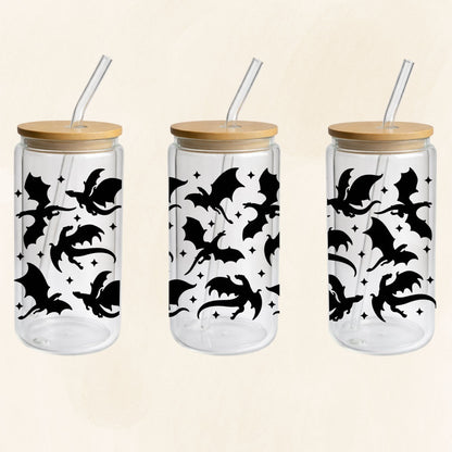 Doppelwandiger 16-oz-Glastumbler im Drachen-Design mit schwarzen Silhouetten, Bambusdeckel und Glasstrohhalm