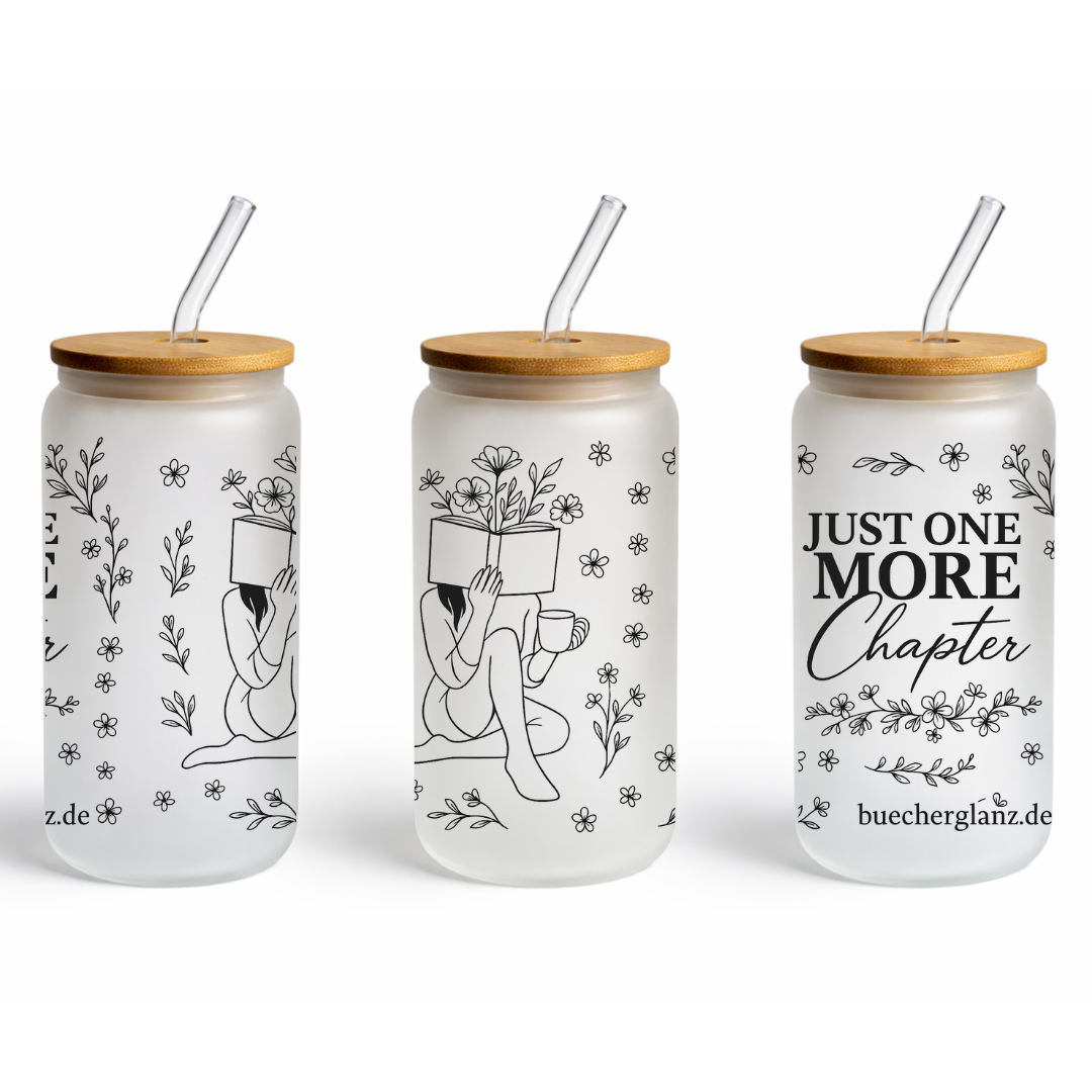 Glastumbler – Just One More Chapter – BookTok Classic, Frosted 16oz mit Line-Art Leserin, buecherglanz