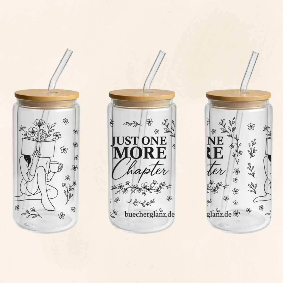 Doppelwandiger 16-oz-Glastumbler „Just One More Chapter“ mit Line-Art-Leserin, Blumen, Bambusdeckel und Glasstrohhalm