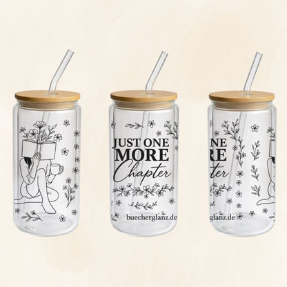 Doppelwandiger 16-oz-Glastumbler „Just One More Chapter“ mit Line-Art-Leserin, Blumen, Bambusdeckel und Glasstrohhalm