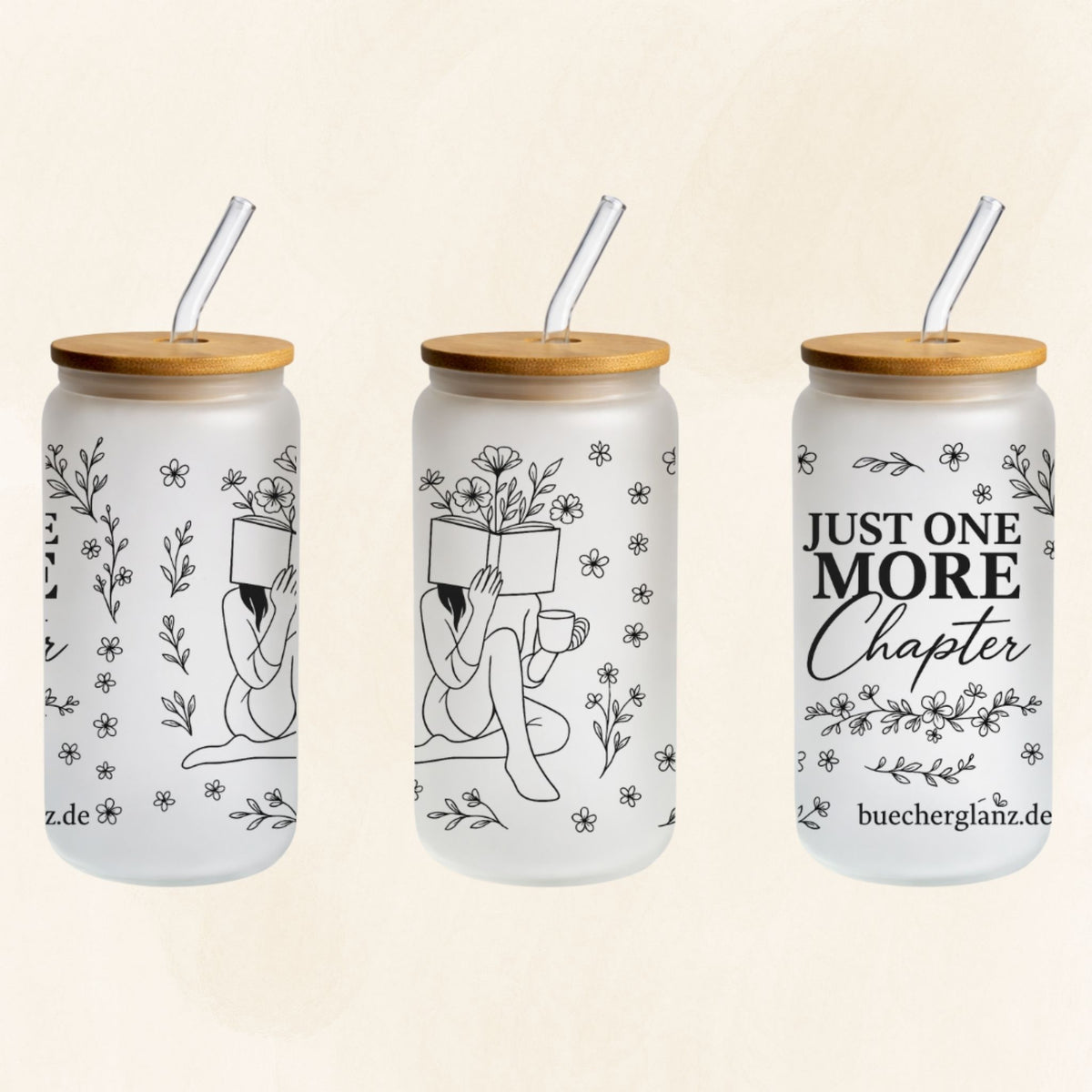 Frosted 16-oz-Glastumbler „Just One More Chapter“ mit Line-Art-Leserin, Blumen, Bambusdeckel und Glasstrohhalm