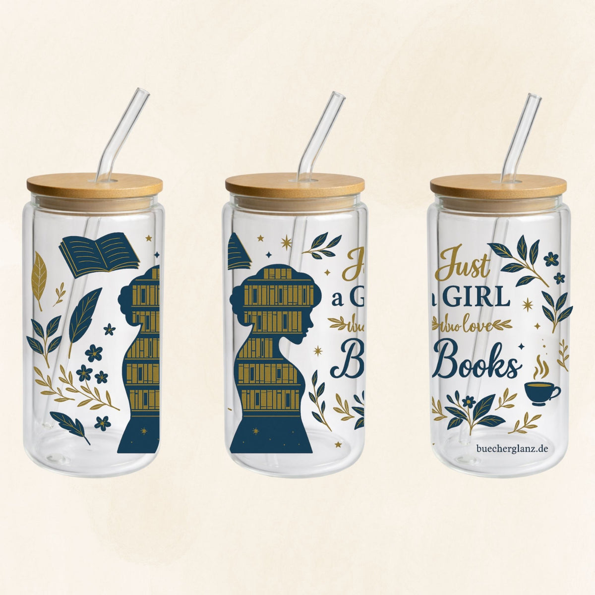 Double-walled 16 oz glass tumbler “Just a Girl Who Loves Books” with bookshelf silhouette and floral details