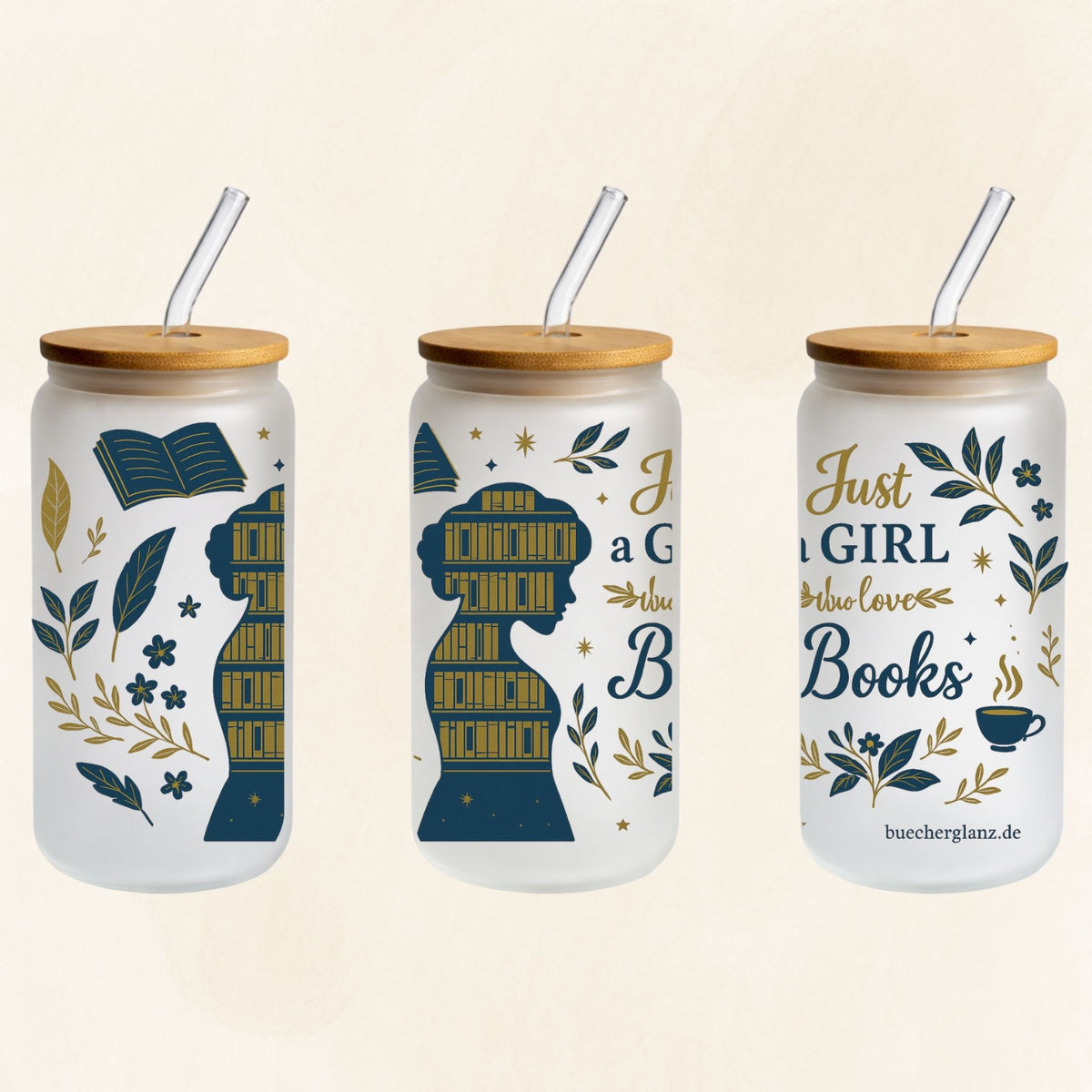 Frosted 16 oz glass tumbler “Just a Girl Who Loves Books” with bookshelf silhouette and floral details