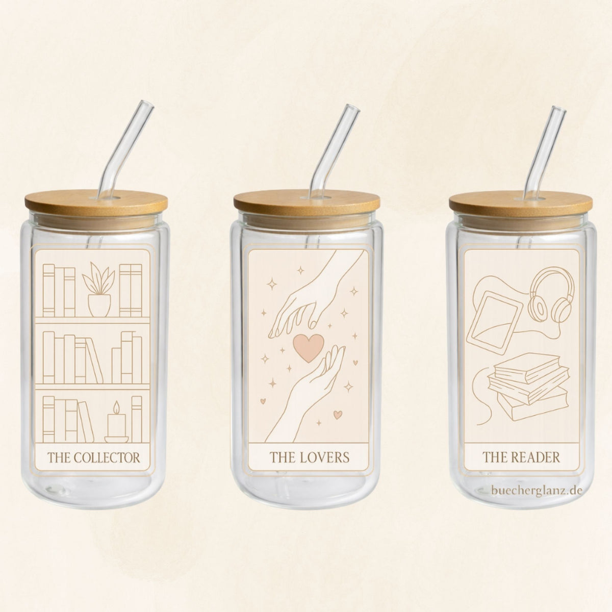 Doppelwandiger 16-oz-Glastumbler im Tarot-Design mit The Collector, The Lovers und The Reader, Bambusdeckel und Glasstrohhalm