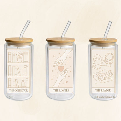 Doppelwandiger 16-oz-Glastumbler im Tarot-Design mit The Collector, The Lovers und The Reader, Bambusdeckel und Glasstrohhalm