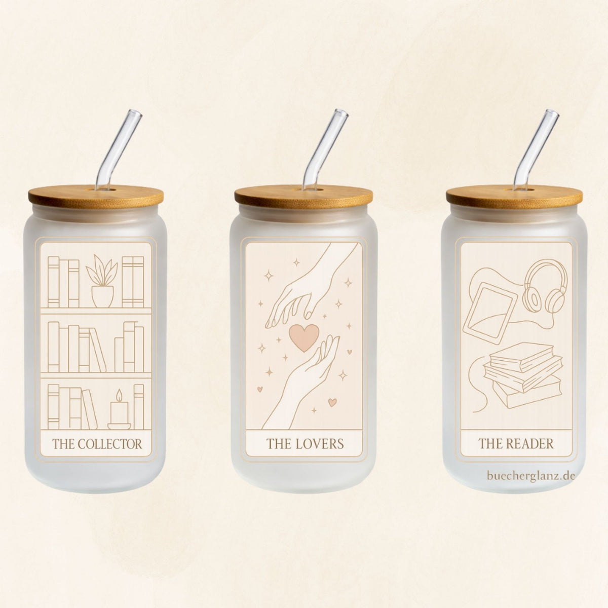 Frosted 16-oz-Glastumbler im Tarot-Design mit The Collector, The Lovers und The Reader, Bambusdeckel und Glasstrohhalm