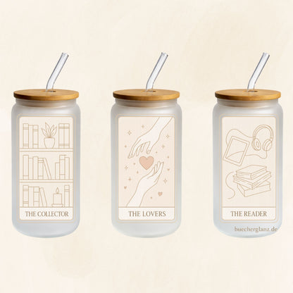 Frosted 16-oz-Glastumbler im Tarot-Design mit The Collector, The Lovers und The Reader, Bambusdeckel und Glasstrohhalm