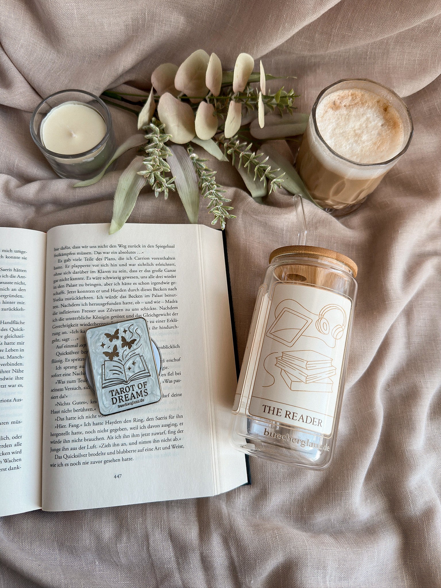 Tarot Karten Glastumbler Doppelwandig + Tarot of Dreams Grip - The Collector The Lovers The Reader buecherglanz