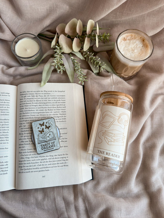 Tarot Karten Glastumbler Doppelwandig + Tarot of Dreams Grip - The Collector The Lovers The Reader buecherglanz