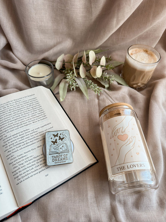 Tarot Karten Glastumbler Doppelwandig + Tarot of Dreams Grip - auf Leinenuntergrund - buecherglanz